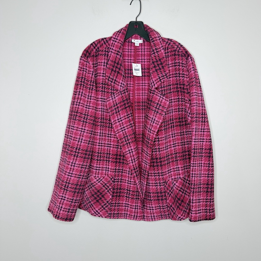J.Jill Women's XL Tall Chenille Cherry Pink Plaid Open Front Blazer Jacket